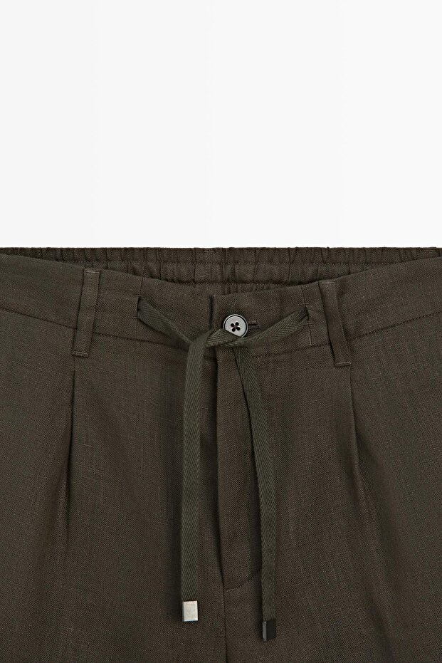 Elastik detaylı keten bermuda şort - 6