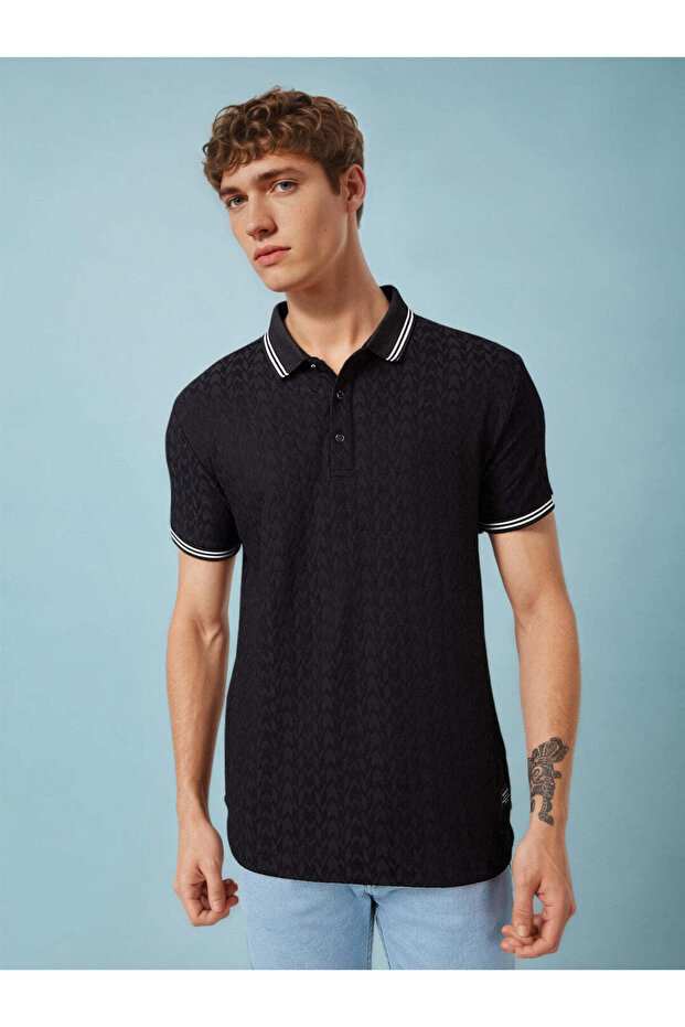 Textured Contrast Tipping Regular Fit Black Polo T-shirt
