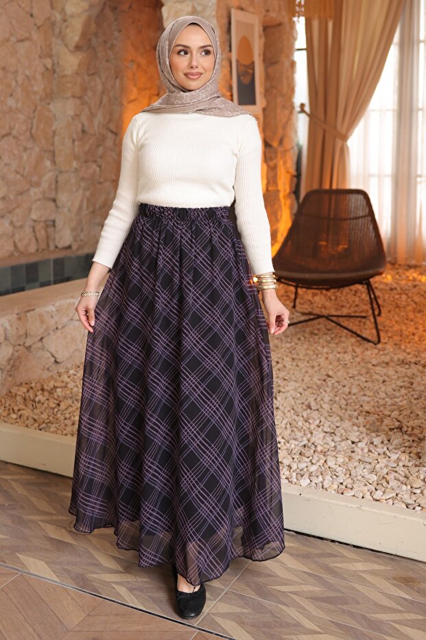 Black Lined Chiffon Skirt with Elastic Waist