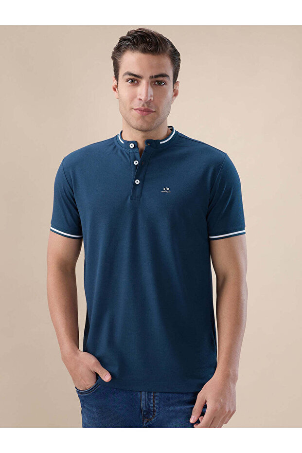 Textured Contrast Tipping Henley Neck Dark Teal T-shirt