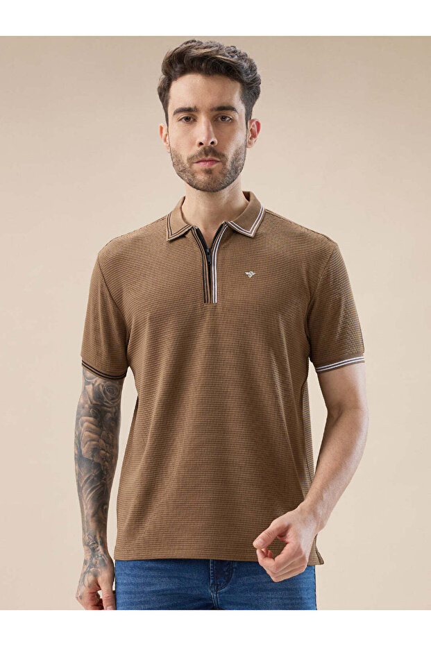 Textured Tipping Collar Regular Fit Brown Polo T-shirt
