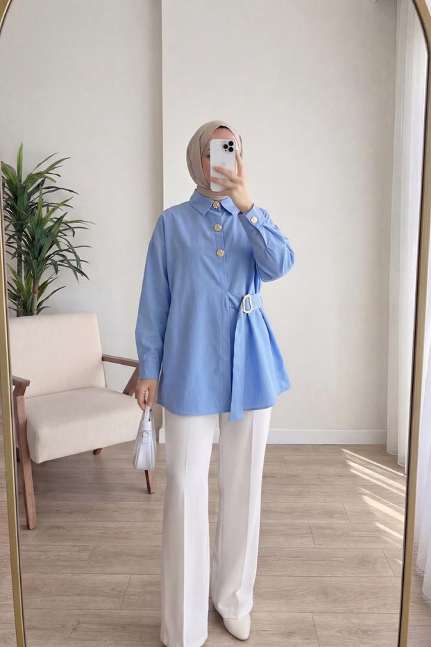 Women's Gold Button Detailed Belted - Buckle Detail Long Sleeve Modest Shirt