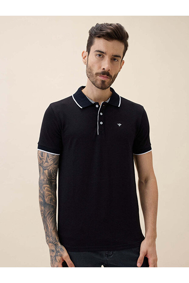 Solid Contrast Tipping Regular Fit Black Polo T-shirt