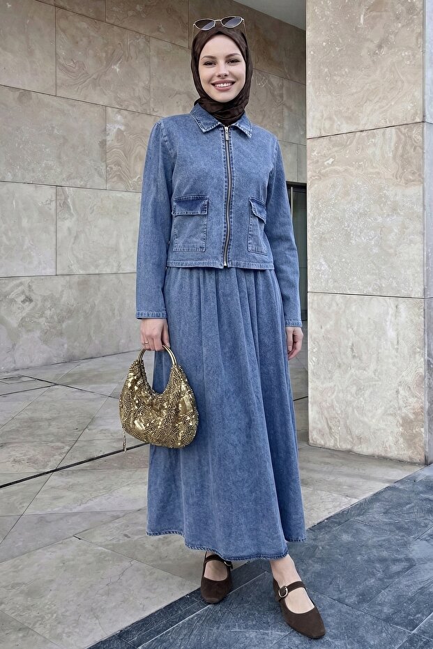 Double Pocket Zippered Light Blue Denim Suit