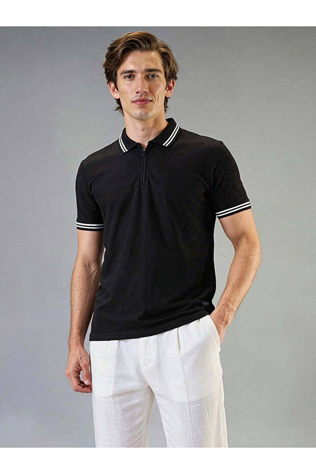 Solid Tipping Collar Neck Regular Fit Black Polo T-shirt