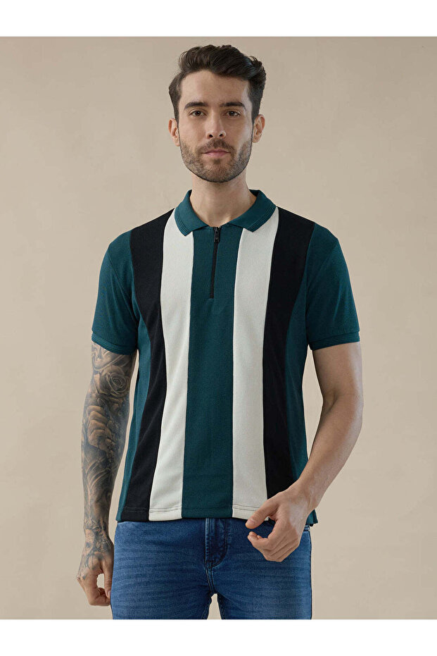 Cut & Sew Regular Fit Teal Polo T-shirt
