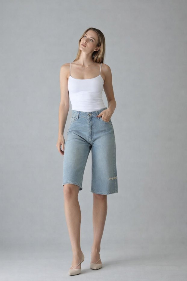 Women's Knee Length Classic 5 Pocket Blue Loose Denim Shorts