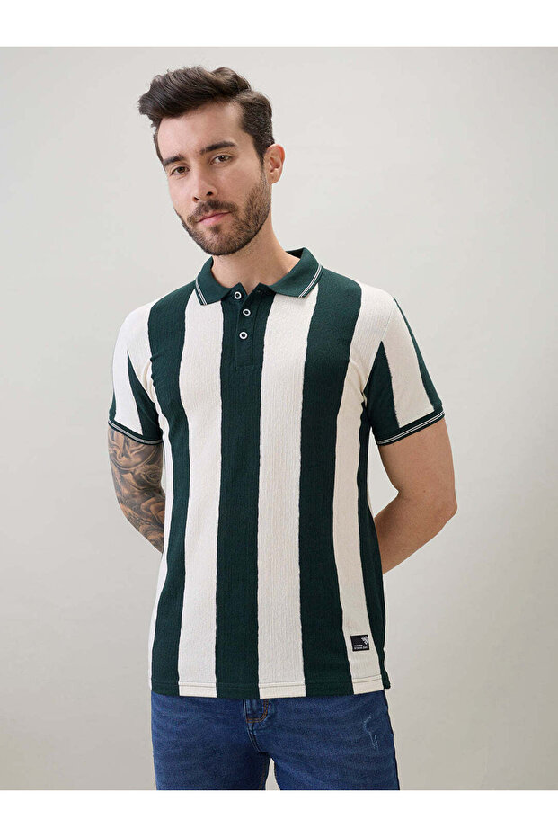 Vertical Stripe Regular Fit Green Polo T-shirt