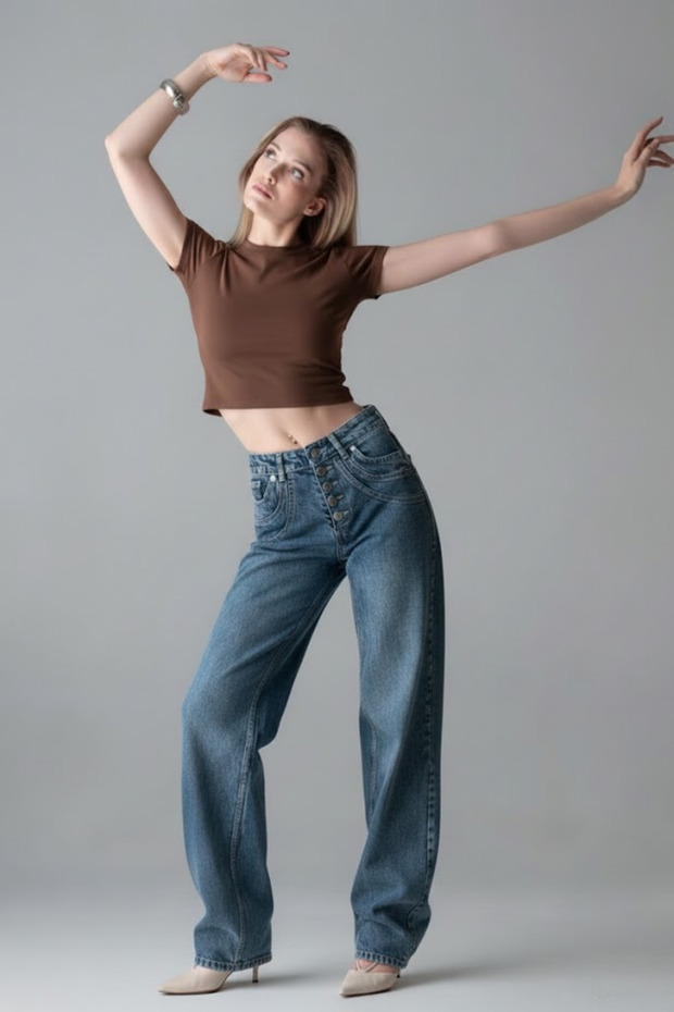 Women's Wide-Leg Cotton Blue Baggy Jeans