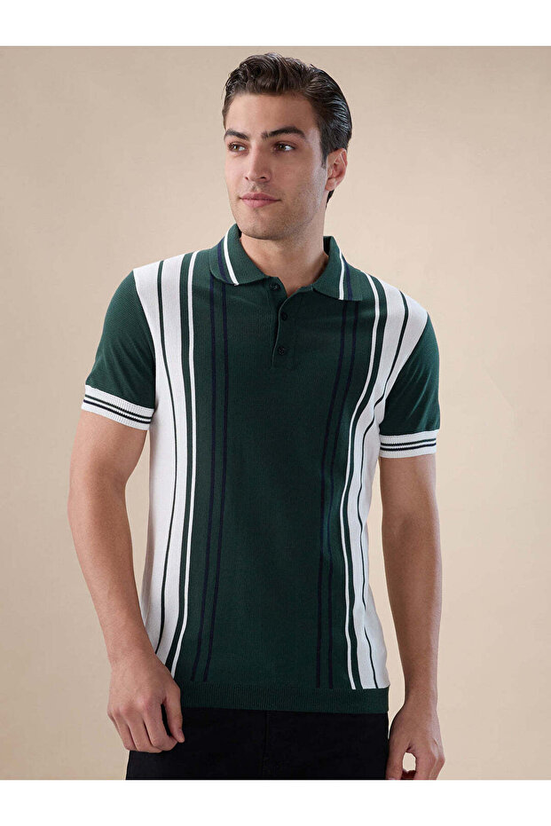 Striped Regular Fit Bottle Green Polo T-shirt