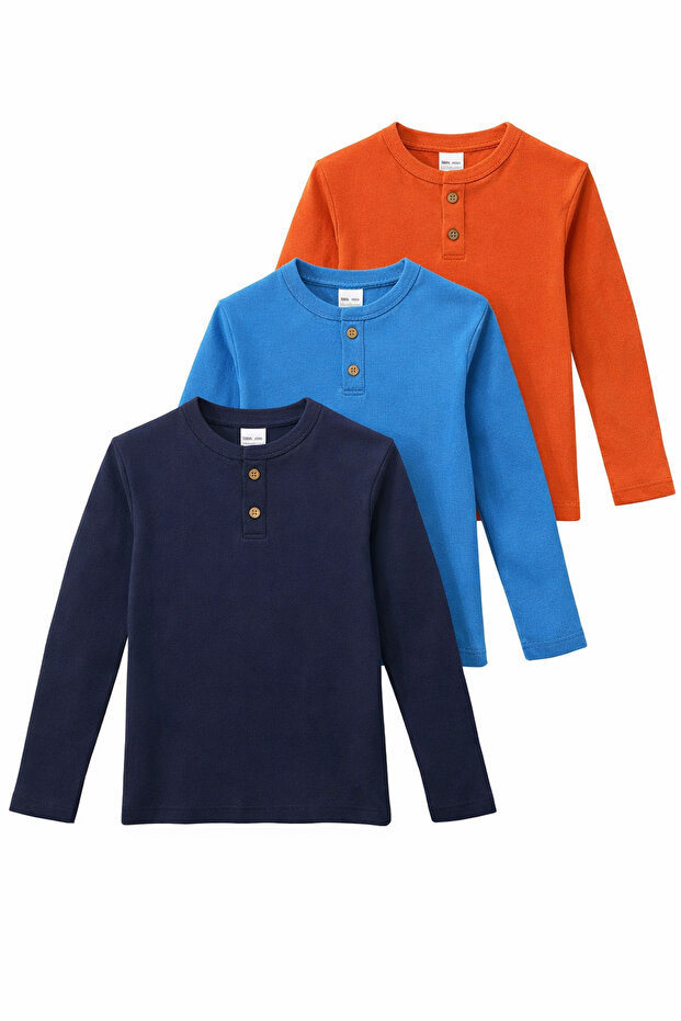 monox Erkek Çocuk 3’lü Paket Uzun Kollu Henley Yaka Sweatshirt