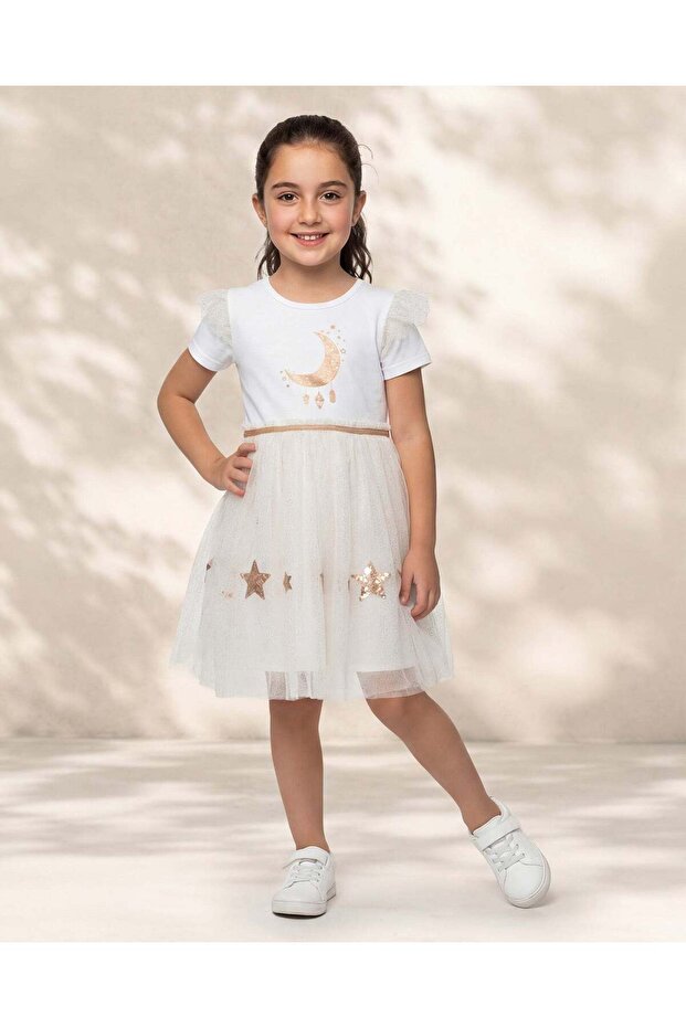 Girls White Sequin Moon Mesh Dress