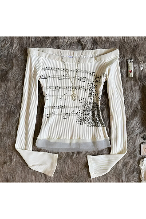 Romantic Melody Nota Desenli Patchwork Bluz - 1