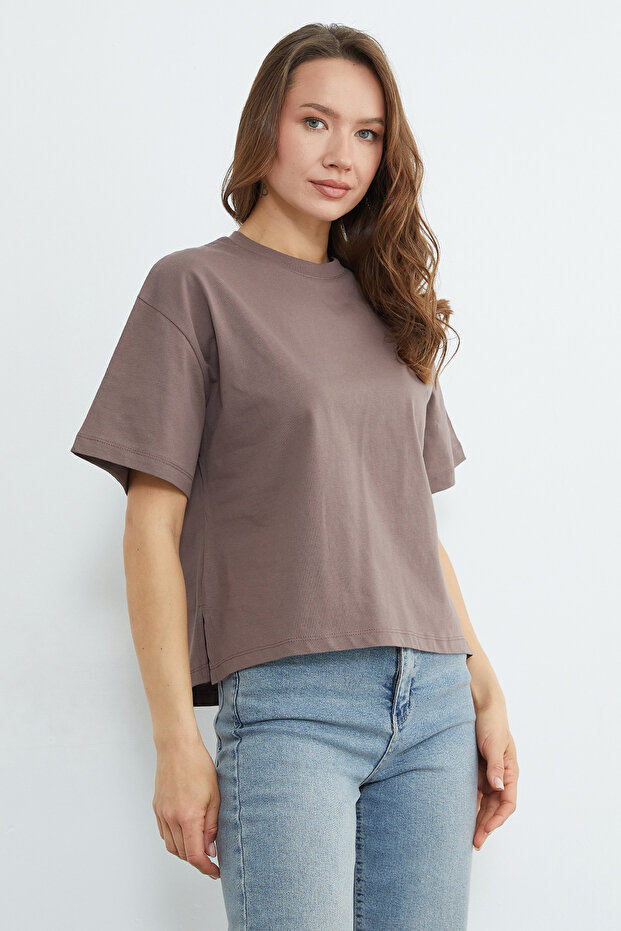 Basic Bisiklet Yaka Crop Tişört - 7