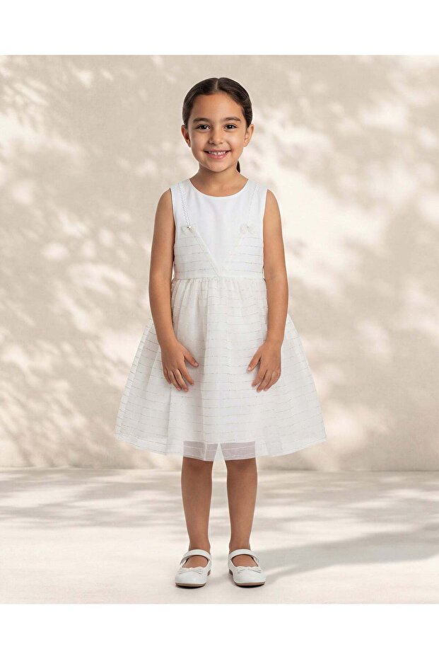 Girls White Textured Party Dress