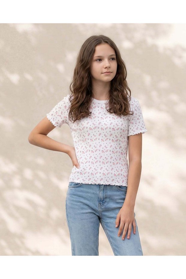 Girls White Floral Print Top