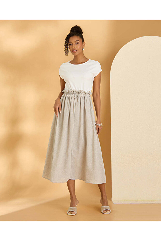 Women White And Pale Grey Knitted Yoke Flared Midi Dress