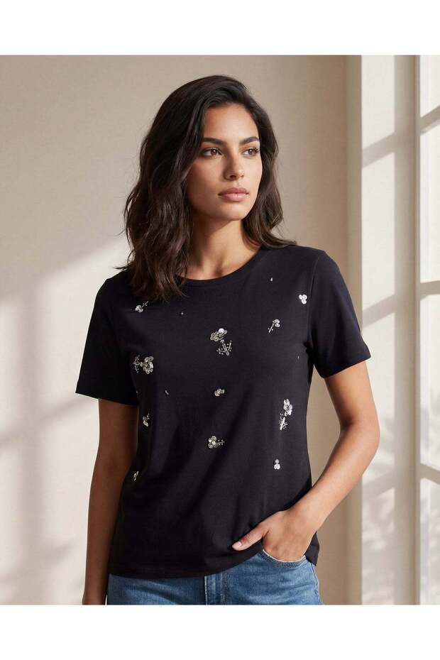 Women Black Embellished T-Shirt