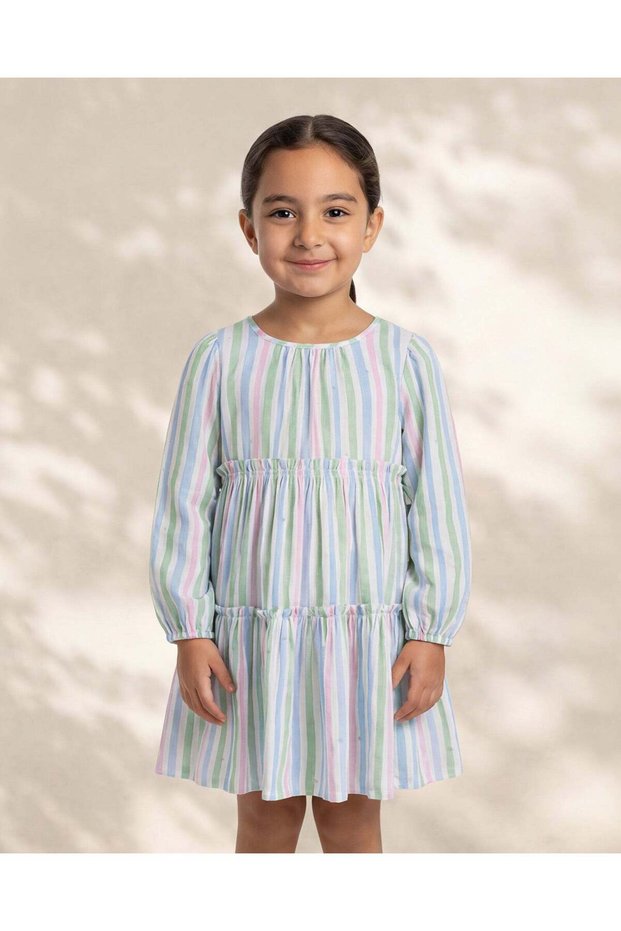 Girls Green Striped Tiered Dress