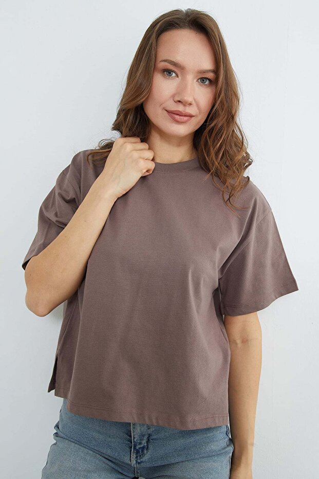 Basic Bisiklet Yaka Crop Tişört - 5