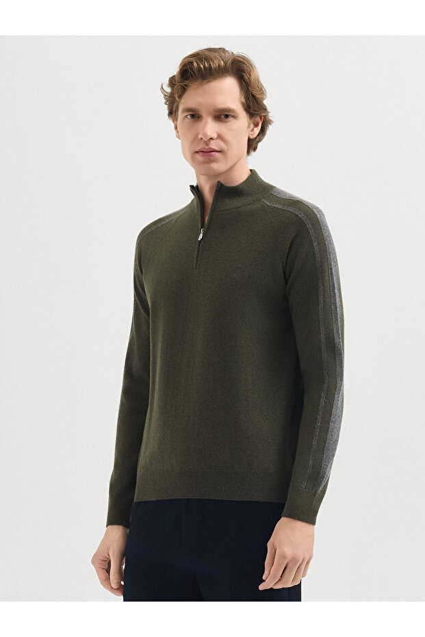 Haki Yün Karışımlı Yarım Fermuarlı Kazak - 2