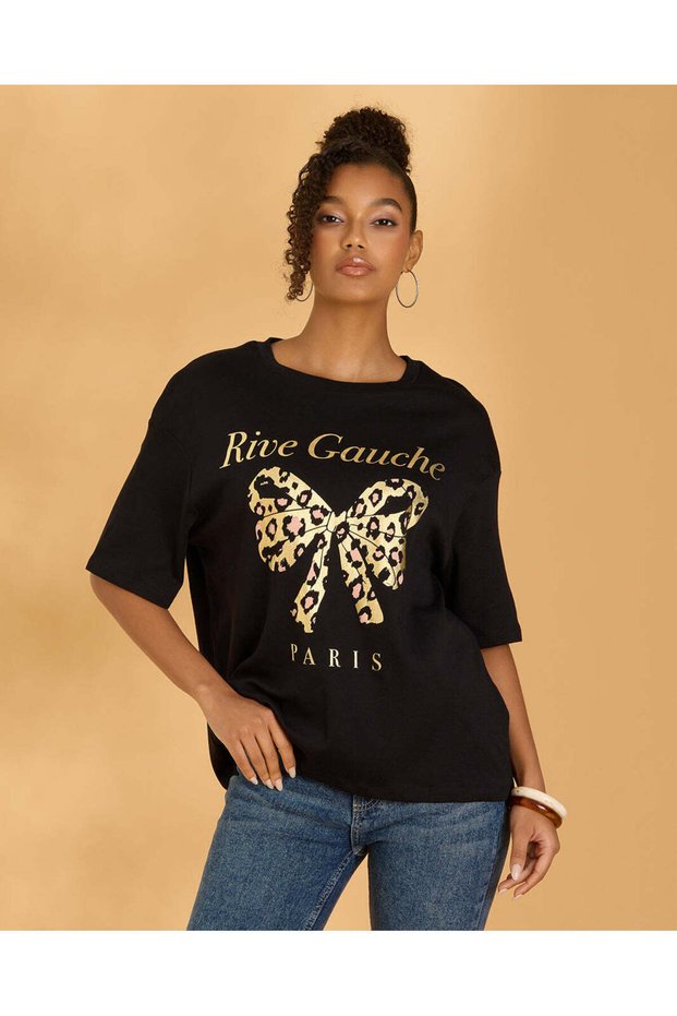 Women Black Placement Print Oversized T-Shirt