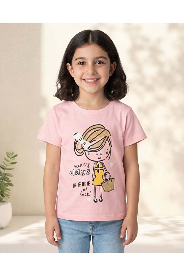 Girls Light Pink Placement Print T-Shirt