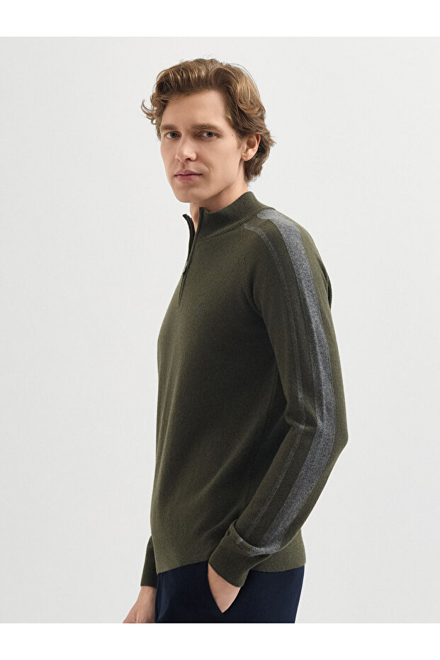 Haki Yün Karışımlı Yarım Fermuarlı Kazak - 5