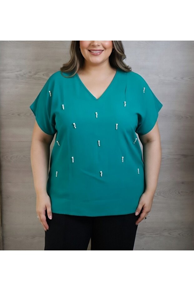 Plus Size Premium Cotton Pack Pearl Embellished Short Sleeve Relaxed Fit V-Neck Blouse