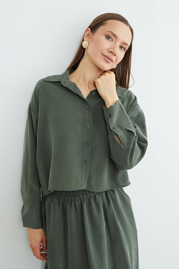 Basic Düğmeli Salaş Crop Gömlek - 7