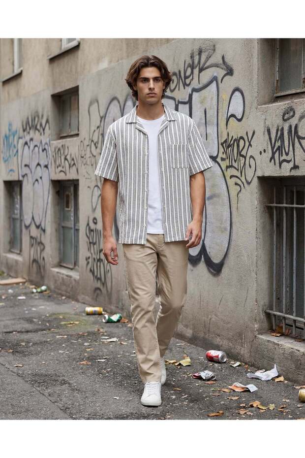 Men White Jacquard Striped Lounge Shirt