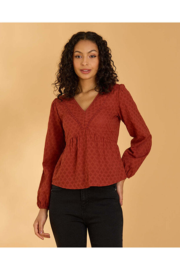 Women Burgundy Lace Embellished Blouse