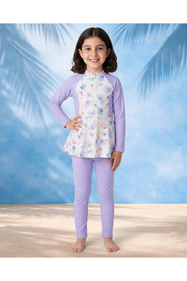 Girls Purple Butterfly Modest Swim 3 Piece Set