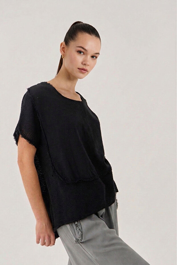 Women's Black Double Fabric Dirty Stitch Short Sleeve Linen Blouse Nj124