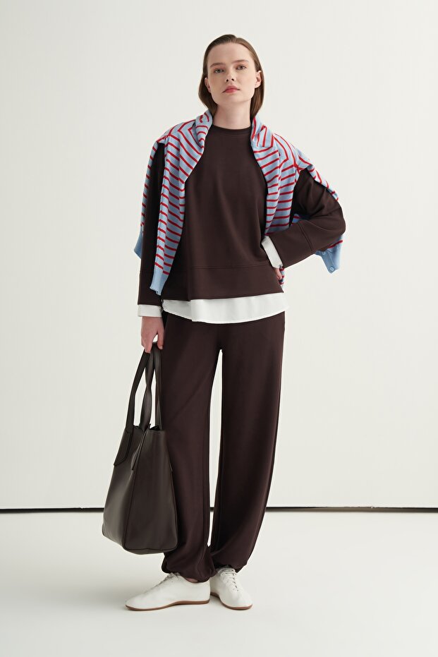 Contrast Detailed Sweat Jogger Pants Pants Set Brown