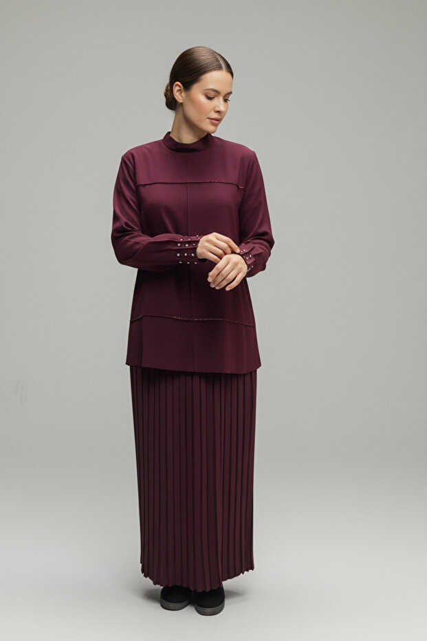 Women's Suit with Stone-Embellished Collar, Front and Back Zippers, Elastic Waist, Pleated Skirt, Two-Piece Set