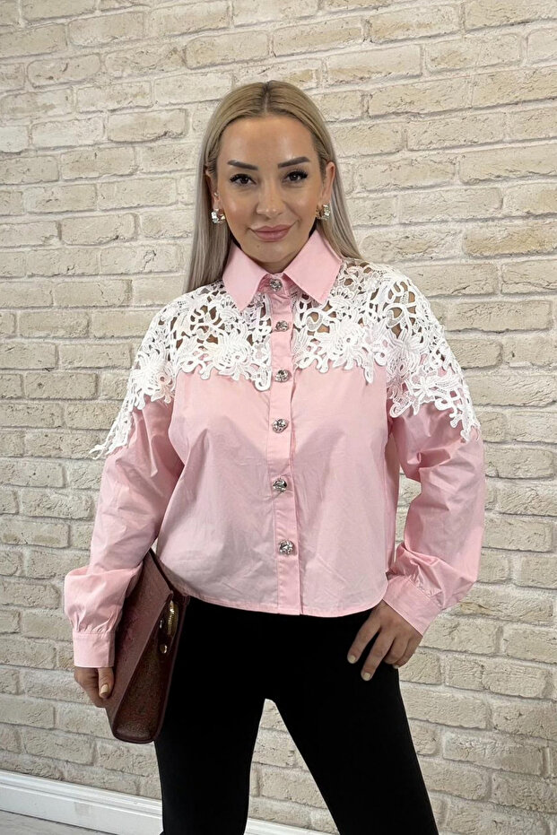 Penora Lace Imported Short Pink Shirt with Guipure Detail and Stone Buttons