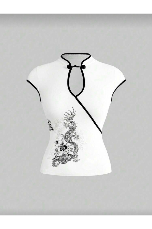 Dragon Japones Korean Detailed Mandarin Collar Blouse Cropped