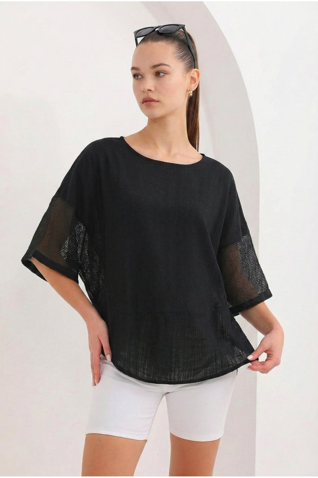 Women's Black Blouse with Mesh Detail on the Sides Linen Nj123