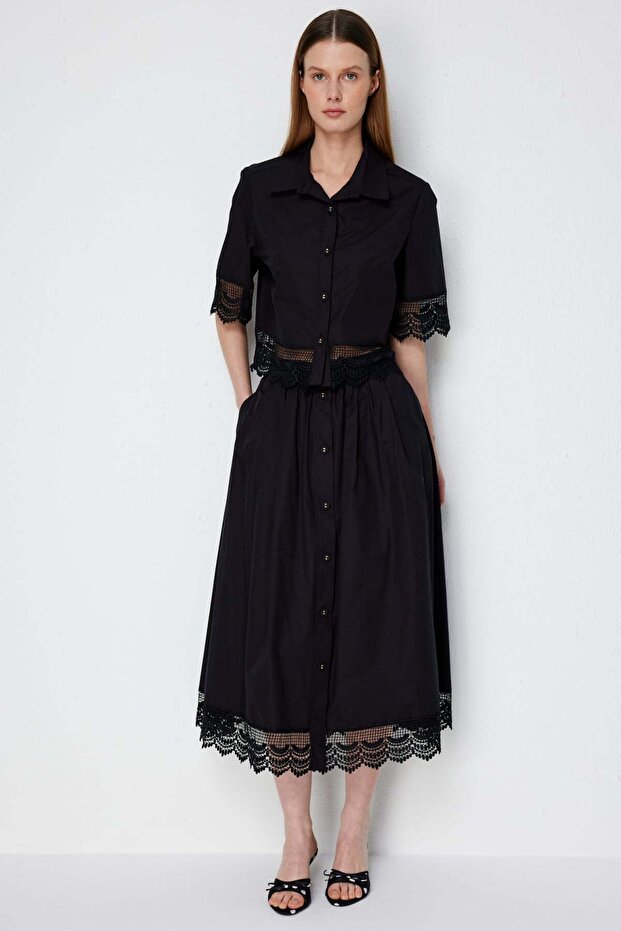 Lace Detailed Ornate Buttoned Maxi Skirt