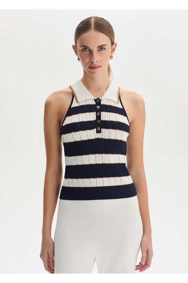 Marin Gold Striped Polo Neck Knitwear Top