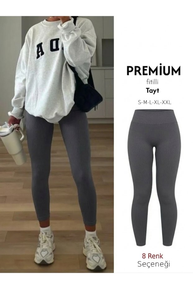 Rib Knit Knitted Corded Fabric High Waist Shaping / Sculpting Anthracite Smoked Leggings No Show Matte Fabric