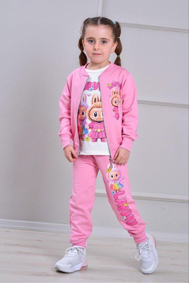 Girl's Character Pattern Transitional Short Sleeve Thsort Cardigan Tracksuit Bottom Top Twkım 3-10 Age Group