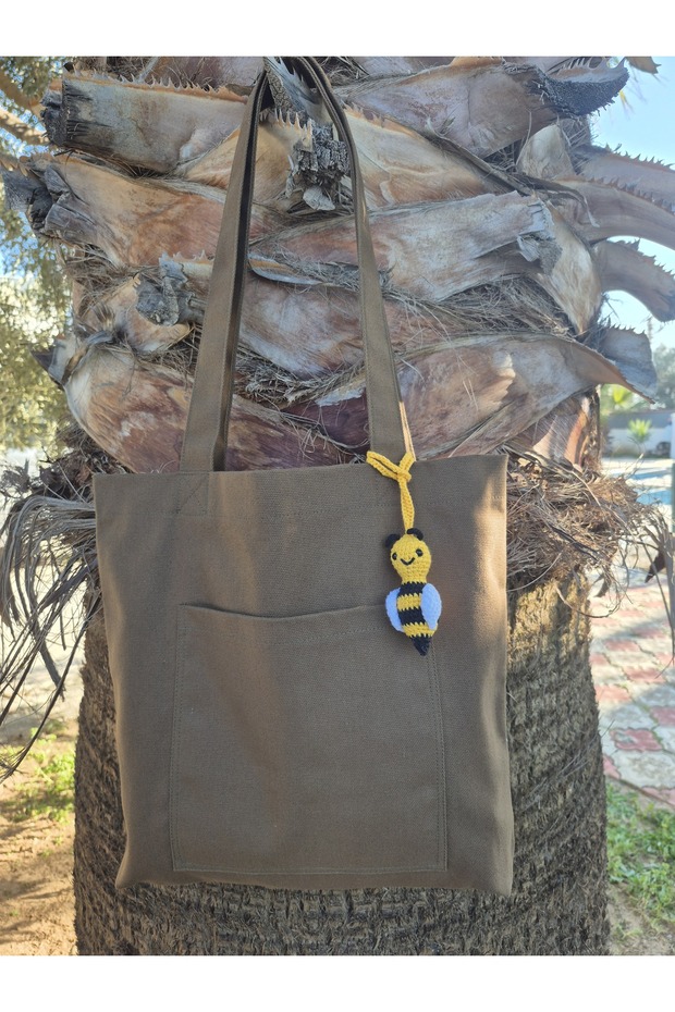 Canvas Brown Color Front Pocketed , Bee Amigurumi Charm Cloth Tote Shoulder Bag