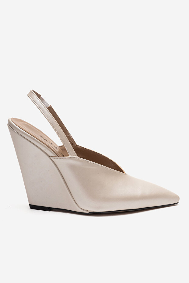 Ecru Leather Pointed Toe Wedge Heeled Open Back Women's Shoes Luigi