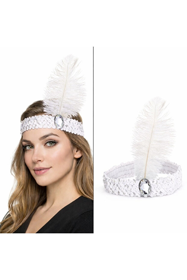 White Feathered Retro Charleston Hairband - 70S-80S-90S Party Crown