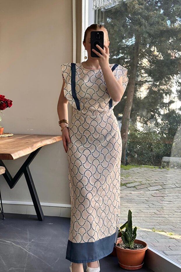 Bitter Brown Striped Detail Patterned Cream Dress