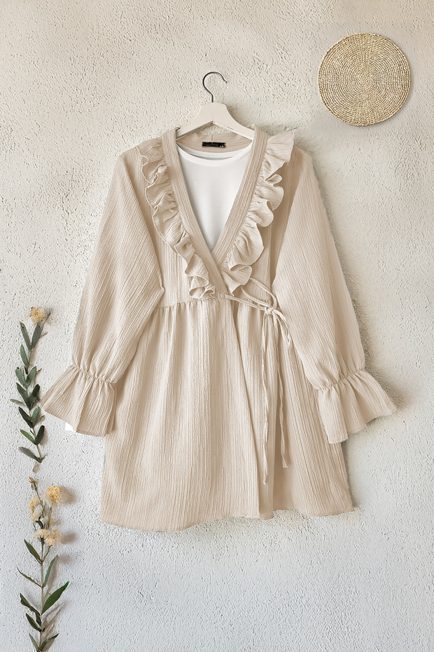 Collar Ruffled Side String B Tie-Detail Kimono - Beige