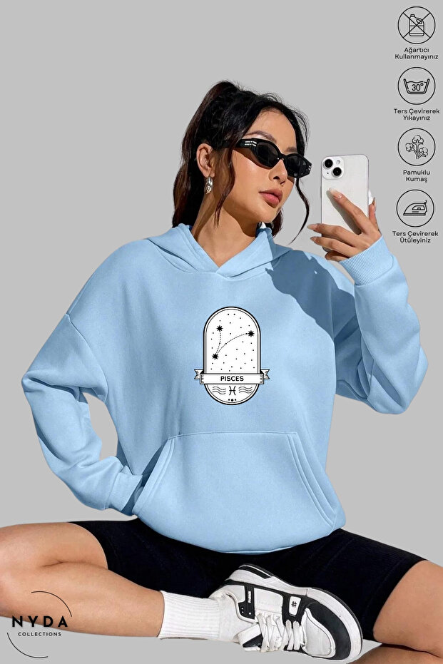 Unisex Hoodie Long Sleeve Pisces Balık Printed Hooded Brushed Inside Oversized 100% Cotton Combed Cotton Sweatshirt