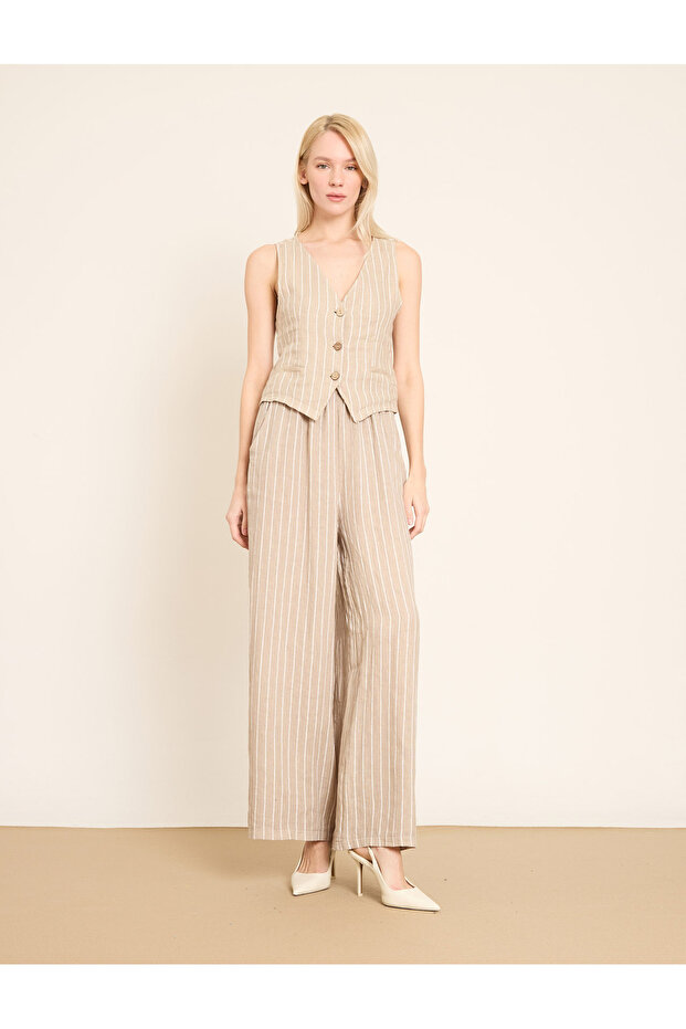 زر أمامي مخطط كتان سترة - 2